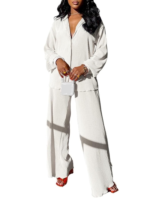 Pants - Women’s satin please Cream Wide-Leg Pants & Matching button up Top Set